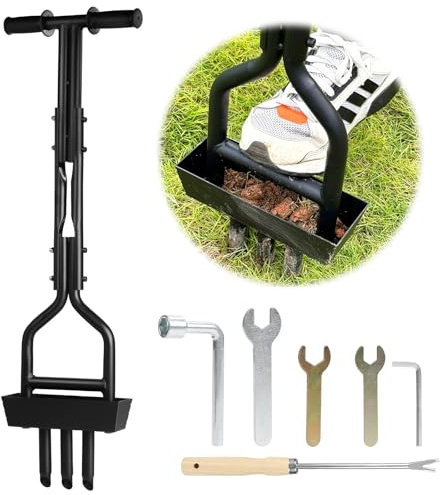 lalago 97cm Rasenlüfter Vertikutierer Manuell, Lawn Aerator mit Ablageschale und Gartengeräten, Rasen Aerifizierer, Handrasenspecht Garten für Rasen oder Hof Verdichtete Böden Rasenpflege