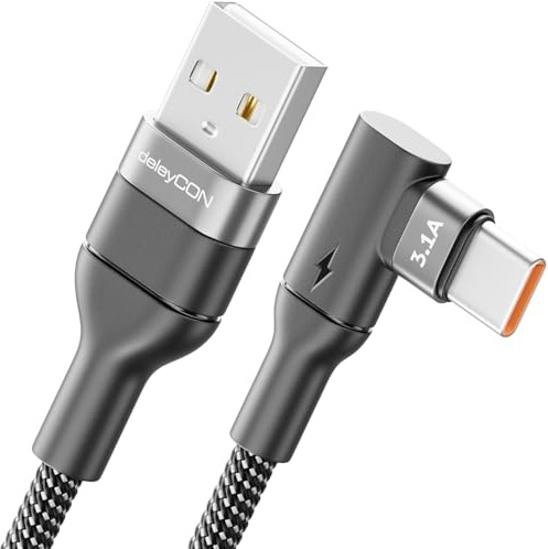deleyCON 2m Cable USB C 90° USB-A a USB-C Cable de Carga y Datos Acodado para iPhone 17 16 15 Pro Max Air Galaxy A16 A56 S25 S24 S23 Pixel AirPods Portátil PS5