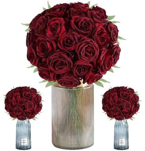 Fausse Fleur Artificielles Roses, 12 Pièces Longues Tiges Fausse Roses, 19.68in Faux Rose Bouquet, Fleurs Artificielles de rose, pour Bouquets de Mariée, Mariages, Décorations de Fête (Rouge Vin)