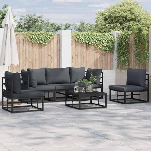 QJBSAVVA Garten-Sofa-Set 6-TLG Schwarz Aluminium modular mit Outdoor-Kissen, Eckbank & Mittelbank, Kleiner Balkon oder Terrasse für Flexible Sitzgruppe