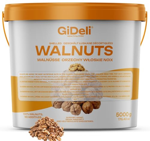 GiDeli Walnusskerne Ganz 5 kg im Eimer - Walnüsse Geschält, Ungesalzen | ohne Zusätze, ungeröstet, zum Backen und Portionieren, für Nussbrot, Kuchen und Pesto, vegan und glutenfrei