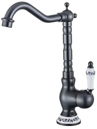 EGTink Robinet de Cuisine Noir Robinetterie de Lavabo en Laiton Mitigeur Monocommande D'évier Cuisine Rotatif à 360° Robinet Salle de Bain Vintage avec Poignée en Céramique