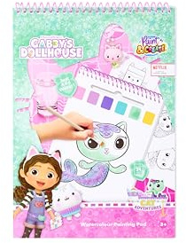 Gabby's Dollhouse Wasserfarben-Malbuch für Kinder | Kreatives Malset met 24 Ausmalbildern | Inklusive Pinsel und Farben auf jeder Seite | Watercolour Painting Pad | Malset ab 3 Jahren
