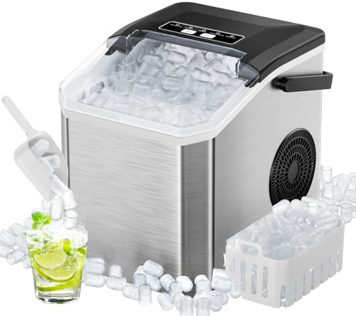 Machine à Glaçons 15kg/24h, 9 Glaçons en 6 Min, Portable avec Poignée et Nettoyage Auto, 2 Tailles de Glaçons Bullet, Idéal pour Cuisine, Bureau, Camping et Fête - Pelle et Panier Inclus (Noir/Inox)