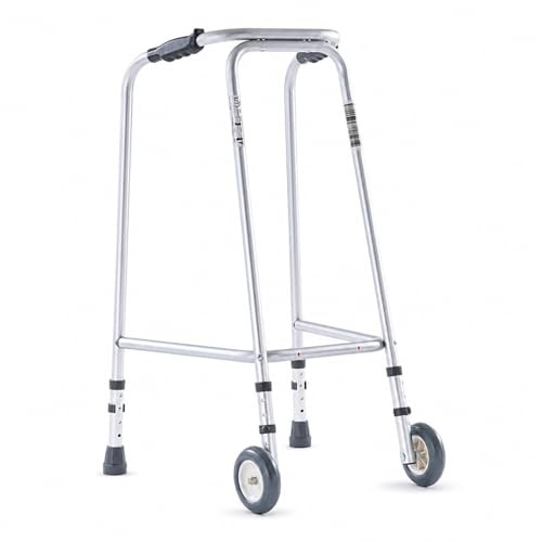 The Helping Hand Company Ultra Narrow Lightweight Walking Frame with Wheels, Adjustable Height Aluminium Walker for Seniors, Elderly & Adults 490mm Max Width (Medium (775-864mm Height))