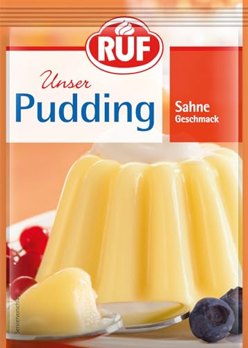 RUF Sahne-Pudding, Dessert mit sahnigem Aroma, Glutenfrei & Vegan, 3x38g | Klassisches Dessert-Pulver zum Aufkochen mit Milch und Zucker, ideal als Tortenfüllung oder purer Sahne-Genuss