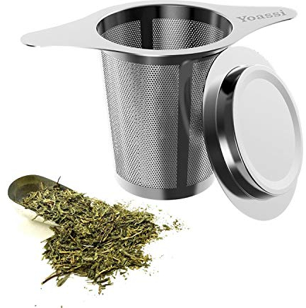 Yoassi Tea Infuser, 304 Stainless Steel Tea Filter Strainer with Lid and Double Handles Perfect for Hanging on Teapots, Mugs, Cups to steep Loose Leaf Tea and Coffee