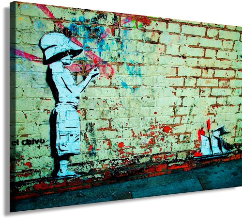 Banksy Kunst auf Leinwand Bild 100x70cm k. Poster ! Bild fertig auf Keilrahmen ! Pop Art Gemälde Kunstdrucke, Wandbilder, Bilder zur Dekoration - Deko/Top 100 Bilder - Graffiti/Street Art Kunstdrucke