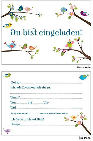 12 Einladungskarten DIN A6 Einladungskarten Niedliche Vögel zum Geburtstag/Einladungen Geburtstagseinladungen Kindergeburtstag Kinder Erwachsene Jungen Mädchen Vorlage Karten Set Einschulung