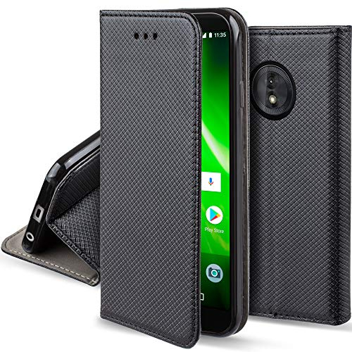 Moozy Hülle Flip Case für Motorola Moto G6, Moto 1S, Schwarz - Dünne Magnetische Klapphülle Handyhülle mit Kartenfach und Standfunktion