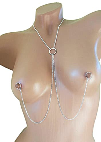 SilverBuds Handgefertigter Nippelschmuck mit O-Ring Choker und Silberketten | Hochwertiges Metall, Baumelnde Silberketten, Fake Nippelpiercing