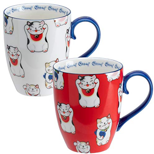 TOKYO design studio Kawaii 2-er Tassen-Set rot und weiß mit blauen Henkeln, Ø 8,5 cm, 10,2 cm hoch, 380 ml, asiatisches Porzellan, Japanisches Glückskatzen Motiv, inkl. Geschenk-Verpackung