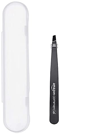 Amazon Basics Pince à épiler oblique,Pince professionnelle en acier inoxydable pour une épilation efficace, idéale pour les routines de beauté quotidiennes,boîtier de transport inclus, noir, lot de 1