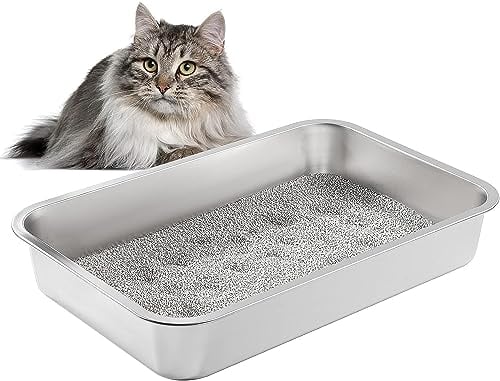 Yangbaga Edelstahl Katzentoilette für Katzen und Kaninchen, Geruchskontrolle Katzenklo in 60*40*10cm, Antihaft leicht zu reinigen, nie verbiegen, rostfrei höhe Seiten rutschfeste Gummifüße (Silber)