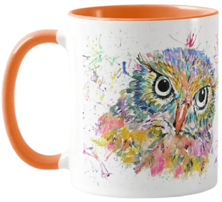 Vixar Owl Watercolour Rainbow Art Coloured Mug Cup, Gift, Birthday, Work, Office, Christmas Tea Coffee (Orange)