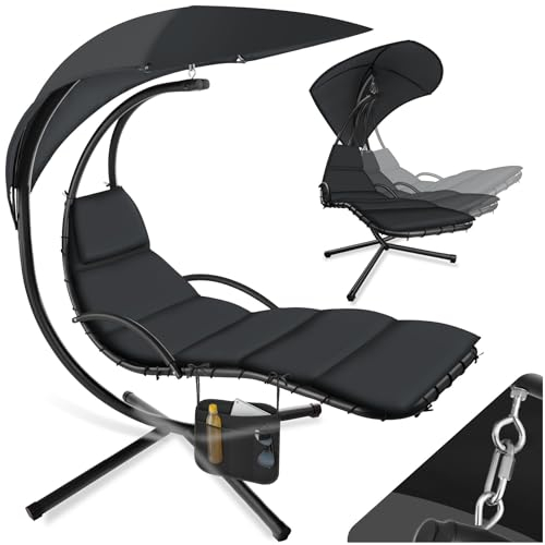 tectake® Hängeliege mit Gestell, Schwebeliege, Schwingliege mit Sonnendach, Schaukelliege, Hängesessel inkl. Tasche, Polsterauflage mit Kopfkissen, für Garten, Terrasse und Balkon - schwarz