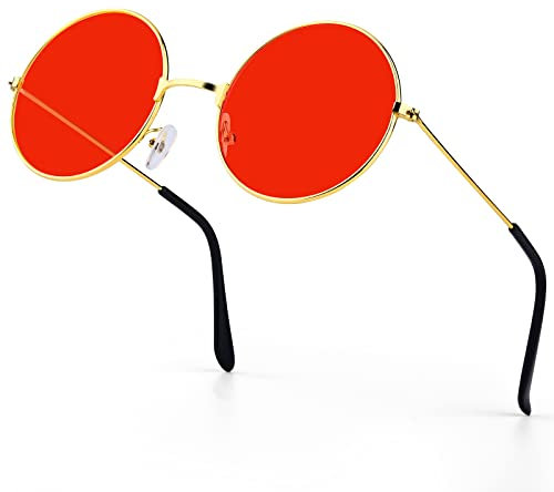 PROUSKY Red Round Retro Women Hippie Sunglasses - Lovely Street Shoot Party Vintage Sunglasses for Teen Girls & Women with Rose Gold Frame