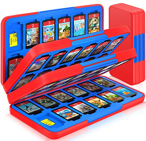 CYKOARMOR Switch Game Case für Nintendo Switch/Switch OLED, Switch Game Holder with 72 Games Card Slot&24 Micro SD Cartridge Slots, Storage Accessories Hard Shell Portable Cartridge Box, Red Blue
