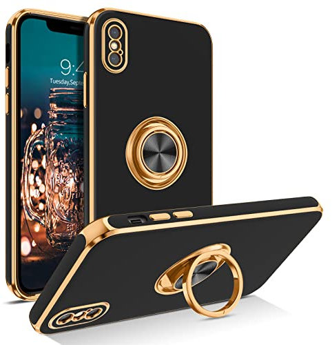 BENTOBEN for iPhone X/XS Case, 360° Rotatable Ring Holder Stand Edge Plating Soft Silicone Slim Flexible Support Magnetic Car Mount Shockproof Protective Cover for iPhone X iPhone XS 5.8-Inch, Black