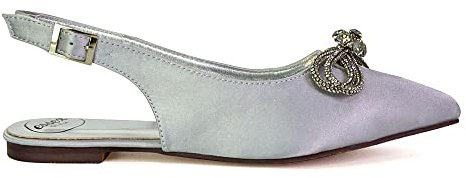 Womens Flat Diamante Bow Slingback Shoes Ladies Pointed Toe Bridal Satin Shoes Size