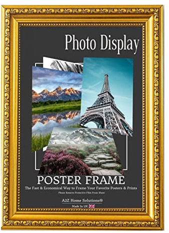 A2Z Home Solutions® Photo Poster Display Wall Hanging Ornate Gold Frame A3-29.7 × 42 cm For Print Picture With Clear Perspex 30x15mm Moulding Mounting Hooks MDF backboard