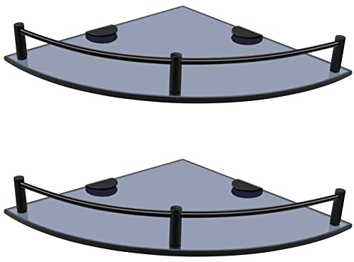 GerayMer Glass Bathroom Corner Shelves, Set of 2 Wall Mount With Rail, Floating Shelves for Bathroom, Kitchen, Living Room (Black)