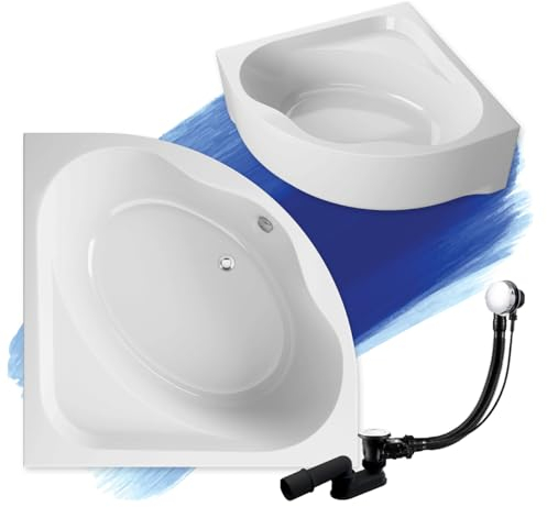BADLAND Badewanne Original Weiß Acryl Wanne Eckbadewanne STANDARD 150x150 KOMPLETTSET SET mit Weiß Acrylschürze + Füßen und Exklusive Chrom Automatik Ablaufgarnitur Made in EU 4in1