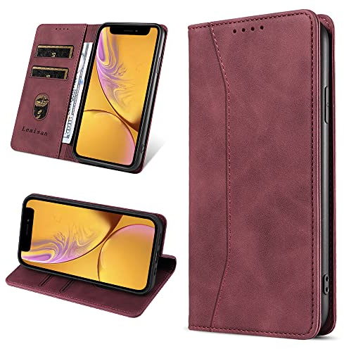 Leaisan Handyhülle für iPhone XR Hülle Premium Leder Flip Klappbare Stoßfeste Magnetische [Standfunktion] [Kartenfächern] Schutzhülle für iPhone XR Tasche - Wein Rot