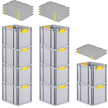 PROREGAL SuperSparSet 10x Eurobox NextGen Color mit Auflagedeckel & Schiebeschnappverschlüsse, HxBxT 32x30x40cm, 30L, Griffe gelb geschlossen, Glatter Boden, Eurobehälter Transportbox