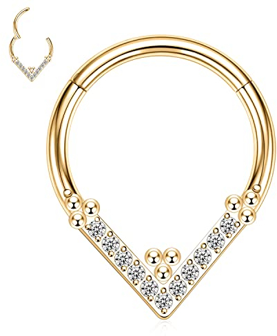 hengkaixuan 16G Daith Septum Ring Teardrop Septum Jewellery Rook Ring Helix Clicker Nose Rings Hoop Gold 316L Chirurgenstahl Klappsegment Clicker Ring 8mm mit Perlen Conch Knorpel Earrin