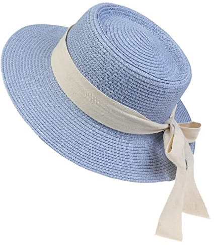 NiceYnn Women Wide Brim Sun Protection Beach Hat White Ribbon Bowknot Straw Cap Casual Ladies Flat Top Hat Boater Church Outdoor Cap E White Bow & SkyBlue