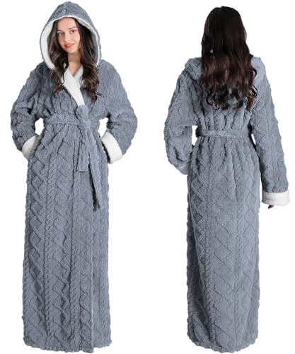 Oksun Bademantel Damen Lang Morgenmantel - Flauschig Weicher mit Kapuze Winter Saunamantel, Kuschelig und Warmer. Größe M, Grau, Jacquard