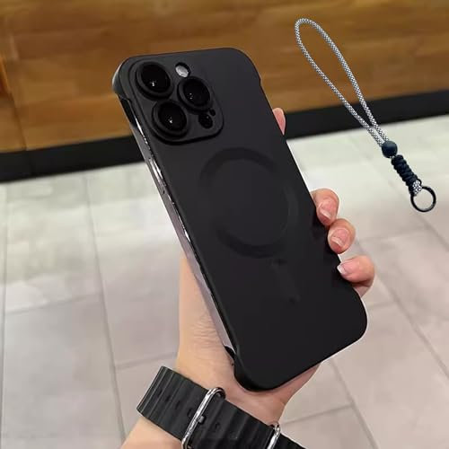 Metallic Paint Frameless Magnetic Phone Case for iPhone 15/14/13/12/11, Ultra Thin Design - Supports Wireless Charging, Matte Finish, and Lens Protection (Black,iPhone 14 Promax)