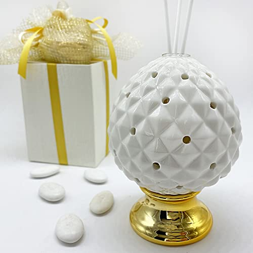 Doni Bomboniere 1PZ Profumatore Pigna Bianca e Oro con Lampada LED Diffussore di Essenza Pigna Natalizia Idea Regalo Famiglia Decorazione Utile Fai da Te Originale (gr.)