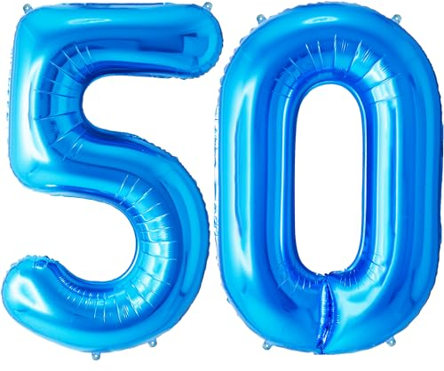 FUNFEST 100 cm blaue Luftballons zum 50. Geburtstag – Geburtstagsballon-Dekoration – inklusive XL-Ballon zum 50. Geburtstag und Strohhalm – Heliumfliegen
