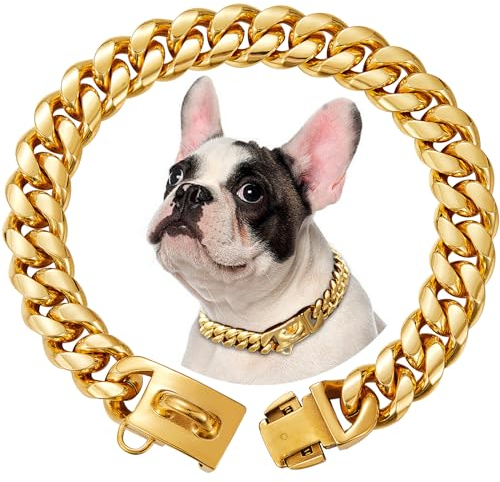 15mm Breite Goldenes Rostfreier Stahl Hundehalsband Metall Hundehalsband Hundekette Halsbänder Pet Training Walking Halsband(50cm)