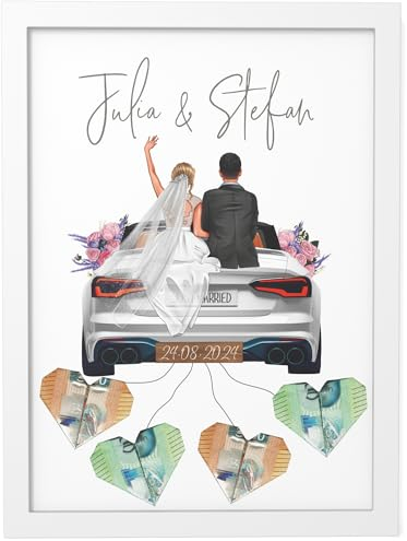 Papierschmiede® Personalisiertes Geldgeschenk Hochzeit | DIY Hochzeitsgeschenke für Brautpaar | ECHTES PAAR | A5 Poster mit Rahmen Hochzeitsauto Geld Geschenk Bild „New Car“