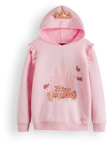 Disney Prinzessin Mädchen Kapuzenpullover | Rosafarbenes Kinder-Kapuzenpullover mit Grafik und 3D-Krone | Gerüschter Armsaum The Good Fairies Apparel Pullover | Magisches goldenes Glitzer-Film