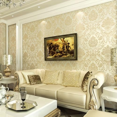 YNTHime European Damask Non-Woven Flocking Wallpaper 3D Luxury Living Room TV Background Wall Paper Bedroom Guest Wallpaper Non-Woven Non-Pasted Wallpaper 1.73' W x 32.8' L (Cream-Yellow)