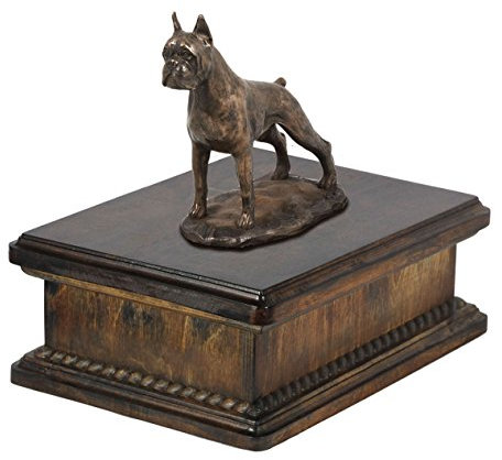 Art-Dog Custom Dog Mama Sitzende Statue Gedenkurne - Handgefertigte kaltgegossene Bronze auf Birkensockel - Urne für die Asche von Hunden - 24,5x29x21cm - 5l - Boxer