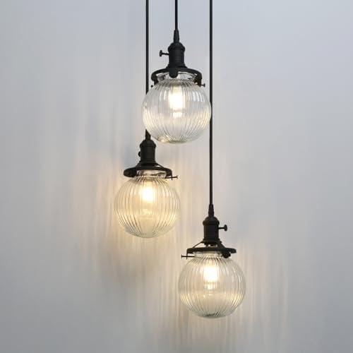JIMUBEAM Industrial Cluster 3 Way Ceiling Pendant Light Fittings Ribbed Glass Shade, Retro Loft Bar Hanging Lamp Fixture for Kitchen Island, Dining Room, Living Room, Hallway