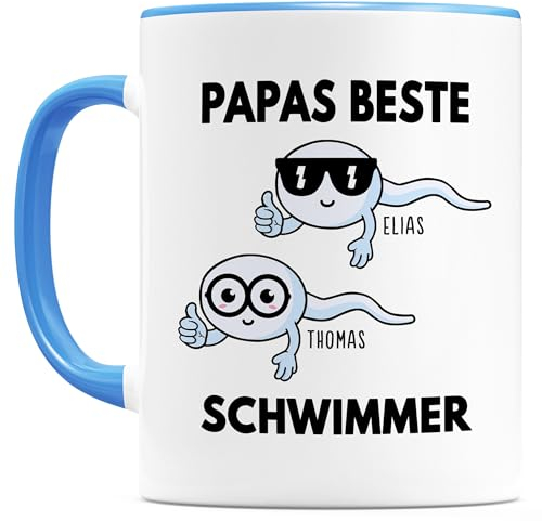 Papas beste Schwimmer Tasse personalisiert Kaffeetasse Vatertagsgeschenk Geschenk für Papa vom Kind Kaffeebecher Vater Geburtstagsgeschenk Vatertagstasse Keramiktasse 330ml (2 Kinder)