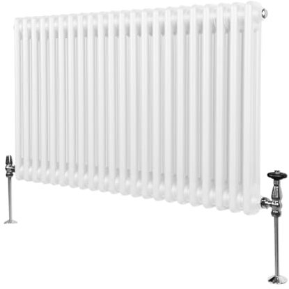 Traditioneller 2-Spalten-Heizkörper 600 x 1012mm | Horizontaler Wandheizkörper | Glänzender Weiß Kohlenstoffstahl | Wohn- Badezimmer Küche [Inkl. Reinigungsbürste, Befestigungsset & Halterungen]