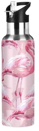 Niigeu Valentine Flamant Oiseau Rose Bouteille d'eau Isotherme avec Paille en Acier Inoxydable Gourde, Sans BPA Gourdes Eau pour Enfant Sport Randonnée École Bureau (600ml/1L)
