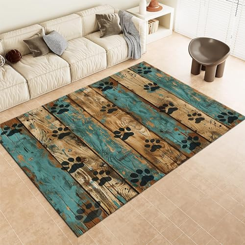 60 x 90 cm Druck Teppich, Teppich Wohnzimmer Schlafzimmer Retro Hundepfote Holzmaserung - Teppiche StrapazierfäHig Fusselfrei - Weich Kurzflor & Waschbar & rutschfest Fussmatte