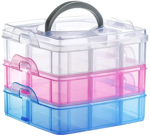 3-Tier Craft Storage Box, Adjustable Storage Box with 18 Compartments, Plastic Detachable Storage Space Box, Transparent Divider Organizer with Handle, Stackable Tiered Box for Stationery Jewelry