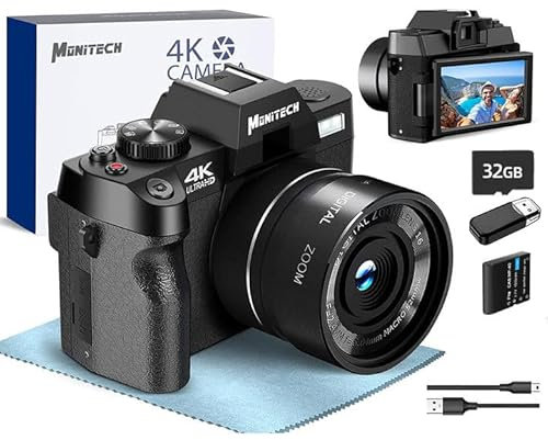 Monitech Digital Cameras for Photography,4K 48MP Vlogging Camera for YouTube and Video, with 180° Flip Screen,16X Digital Zoom,2 Batteries, 32GB TF Card