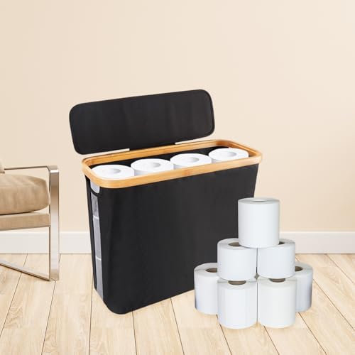 mumisuto Toilet Roll Storage, Toilet Paper Storage with Lid Holds Up 12 Rolls, Bamboo Frame Toilet Roll Basket Multifunctional Toilet Paper Container Toilet Roll Storage Box for Bathroom Cabinet