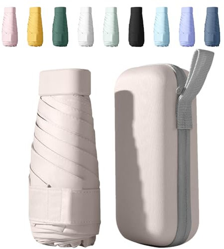 Sykerout Regenschirm, Mini Regenschirm, Taschenschirme, Kompakter Regenschirm Mini Faltbarer Reise Regenschirm Klein Mit Etui, Uv-Regenschirm(Beige)
