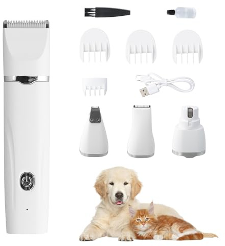 Focenat Schermaschine Set Hunde Katze, 4 in 1 Leise Pfotentrimmer, Elektrische Hundeschermaschine, Hunde Katzen Tierhaarschneidemaschine für Pfoten Augen Ohren Körper, Wiederaufladbar